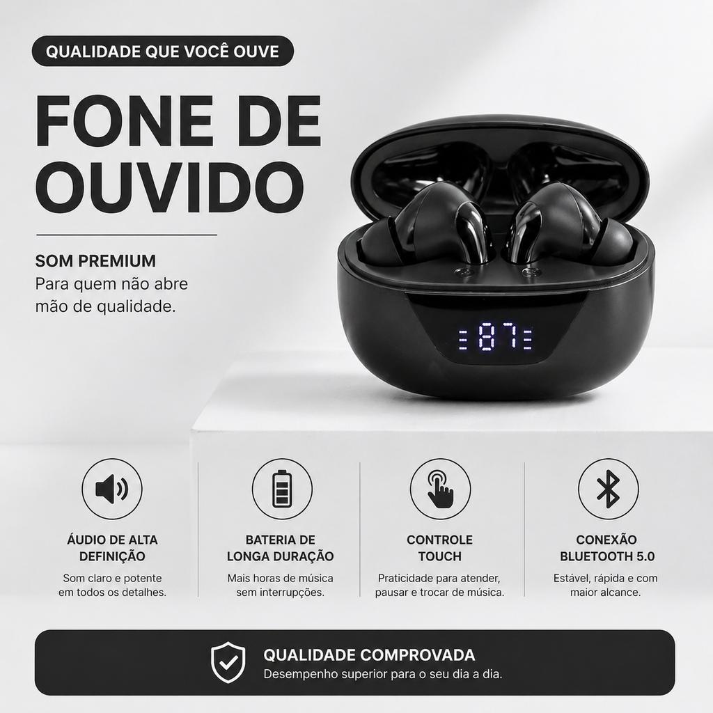 FONE BLUETOOTH TWS COM ESTOJO DIGITAL E SOM DE ALTA QUALIDADE
