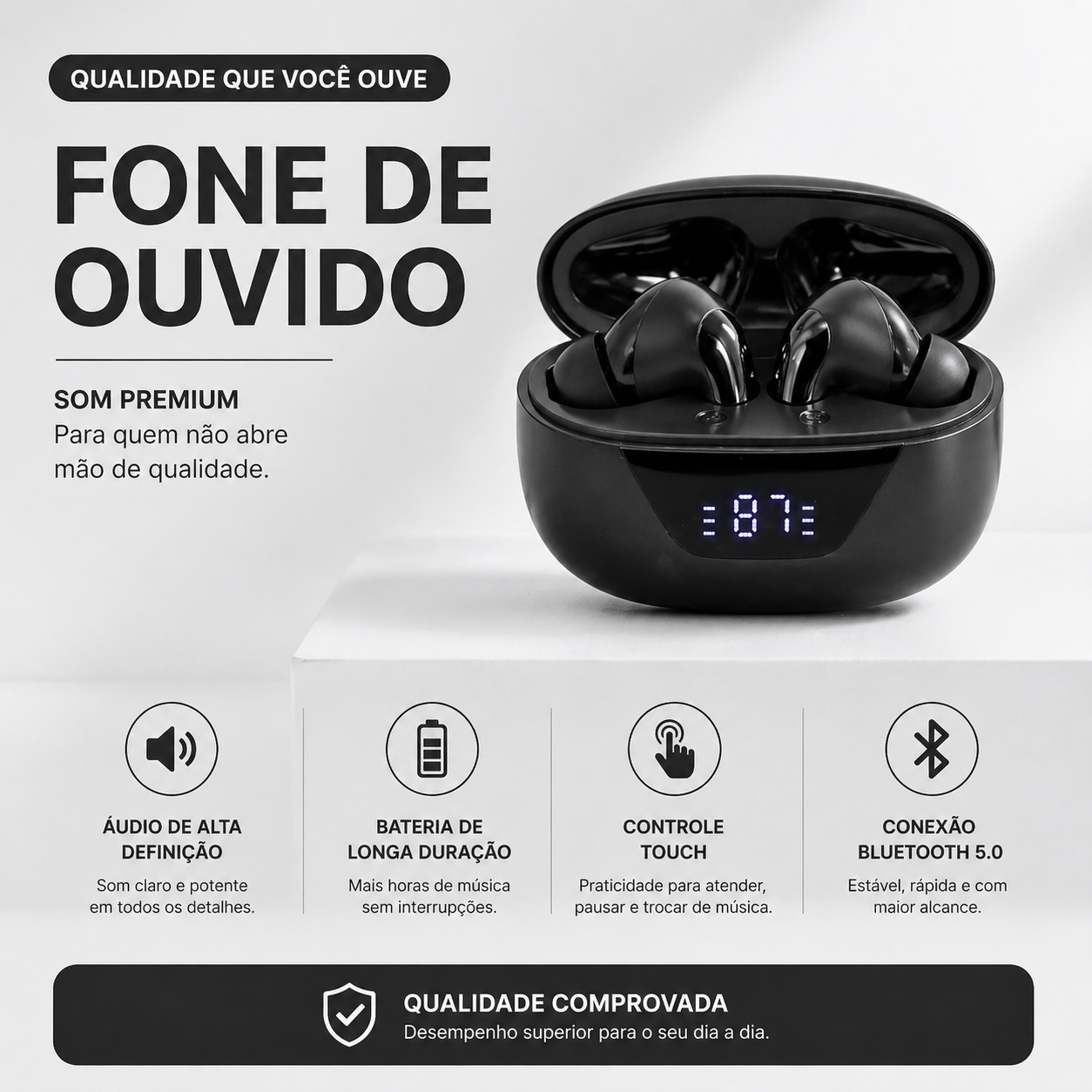 FONE BLUETOOTH TWS COM ESTOJO DIGITAL E SOM DE ALTA QUALIDADE