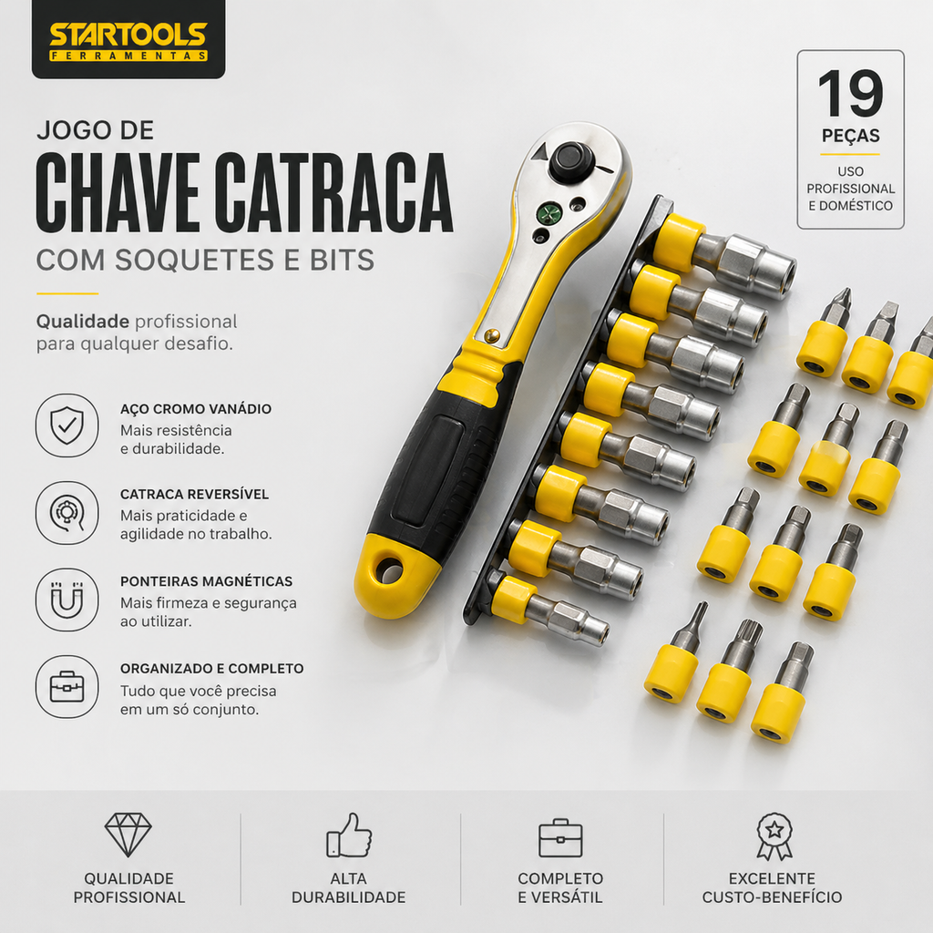 JOGO DE CHAVE CATRACA COM SOQUETES E BITS 19 PEÇAS STARTOOLS