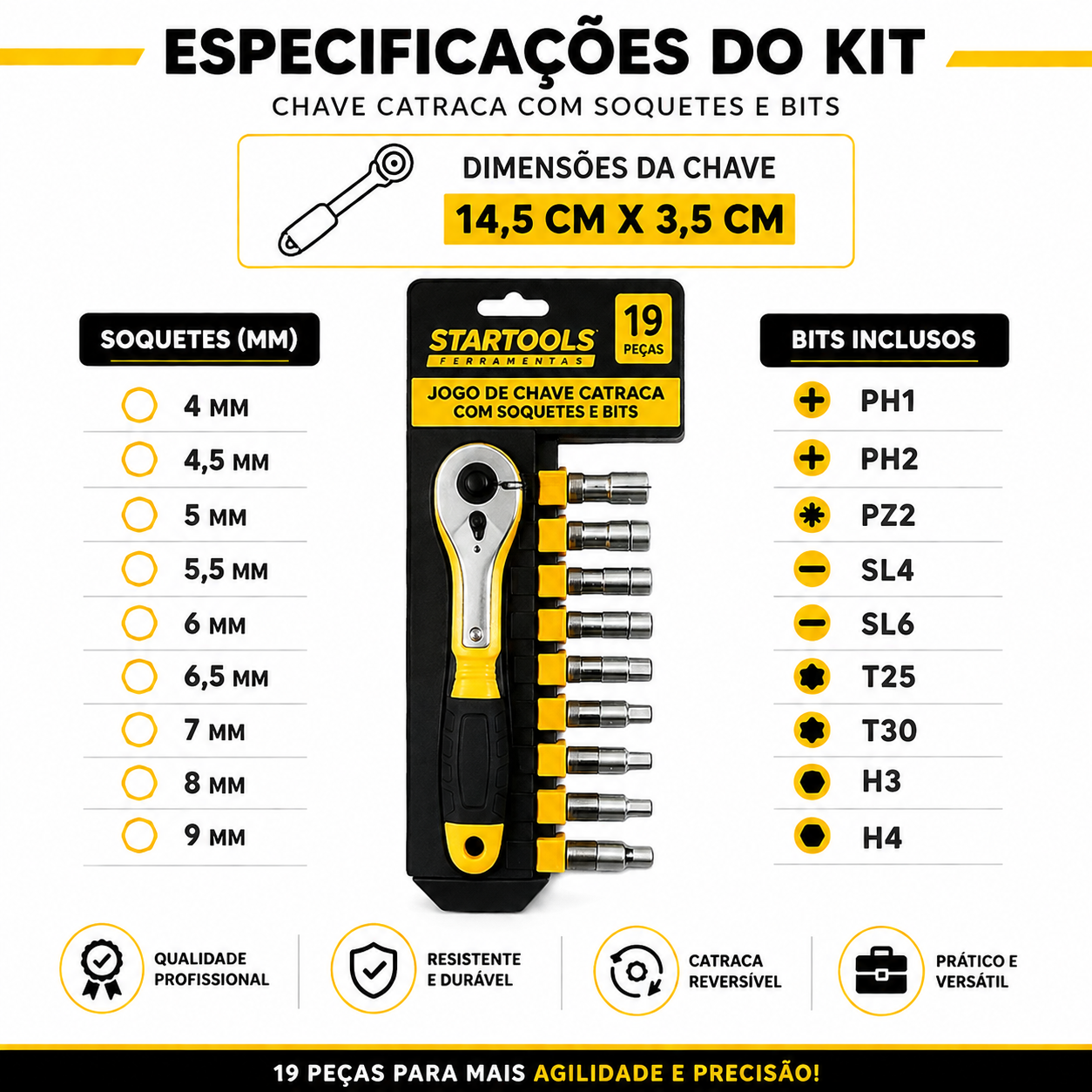 JOGO DE CHAVE CATRACA COM SOQUETES E BITS 19 PEÇAS STARTOOLS