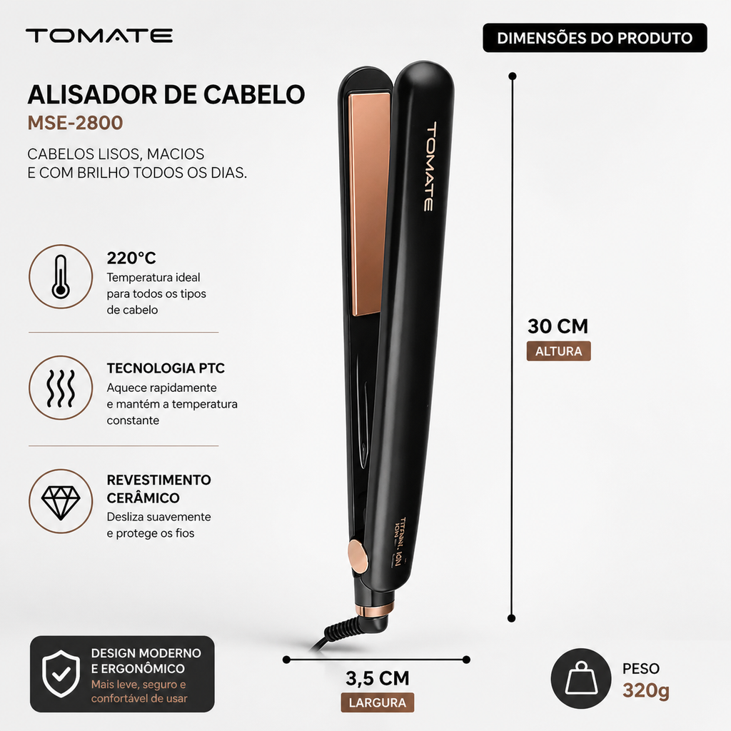 Prancha Alisadora Tomate MSE-2800, um modelo profissional bivolt que atinge a temperatura de 220°C.