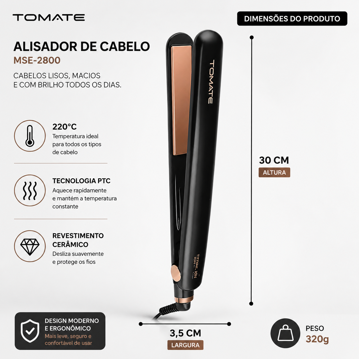 Prancha Alisadora Tomate MSE-2800, um modelo profissional bivolt que atinge a temperatura de 220°C.