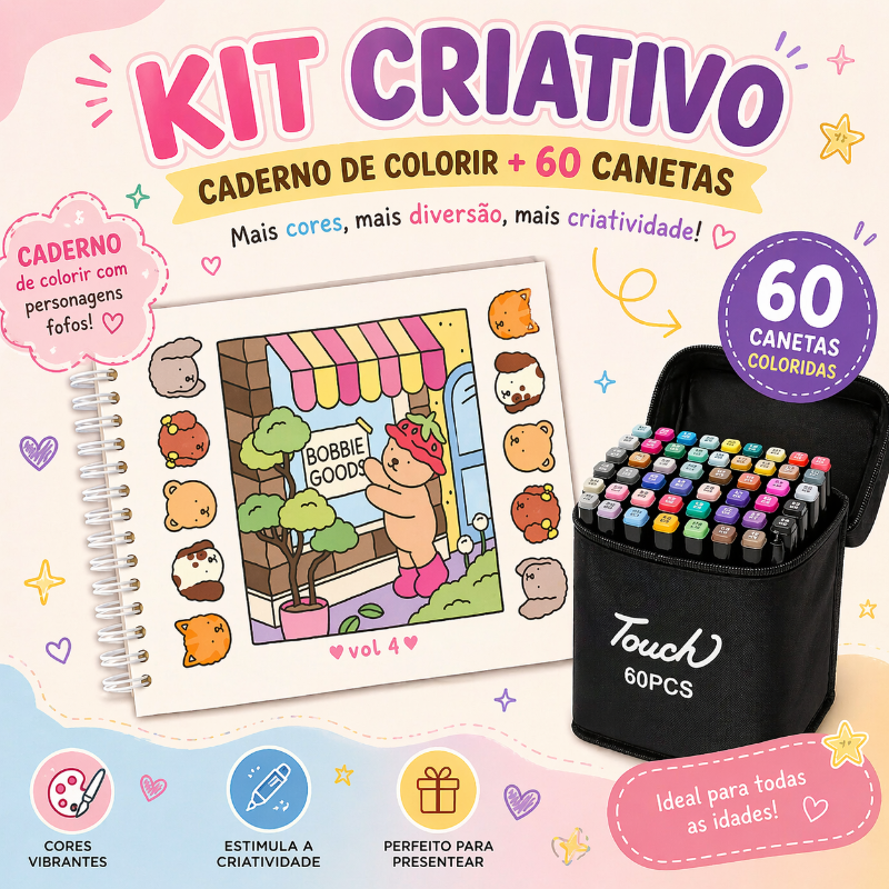 KIT CRIATIVO COMPLETO – 60 CANETAS + CADERNO DE COLORIR