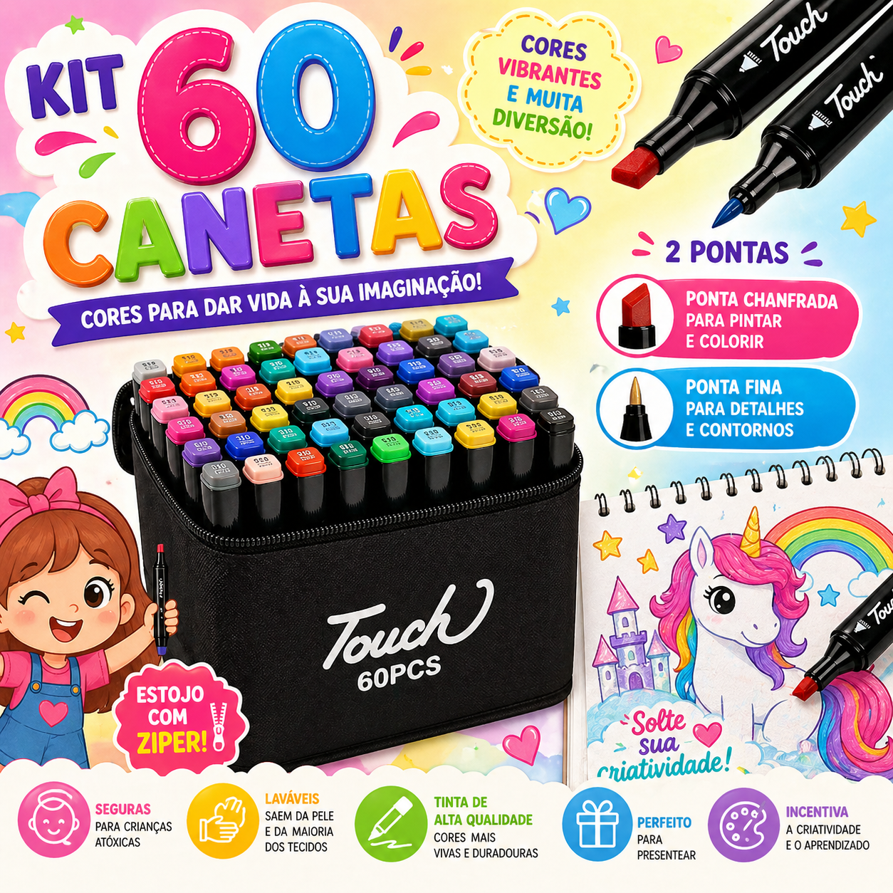 KIT CRIATIVO COMPLETO – 60 CANETAS + CADERNO DE COLORIR