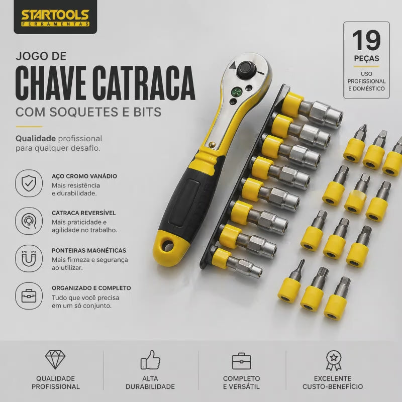 JOGO DE CHAVE CATRACA COM SOQUETES E BITS 19 PEÇAS STARTOOLS