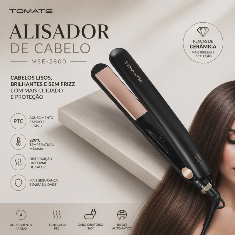 Prancha Alisadora Tomate MSE-2800, um modelo profissional bivolt que atinge a temperatura de 220°C.